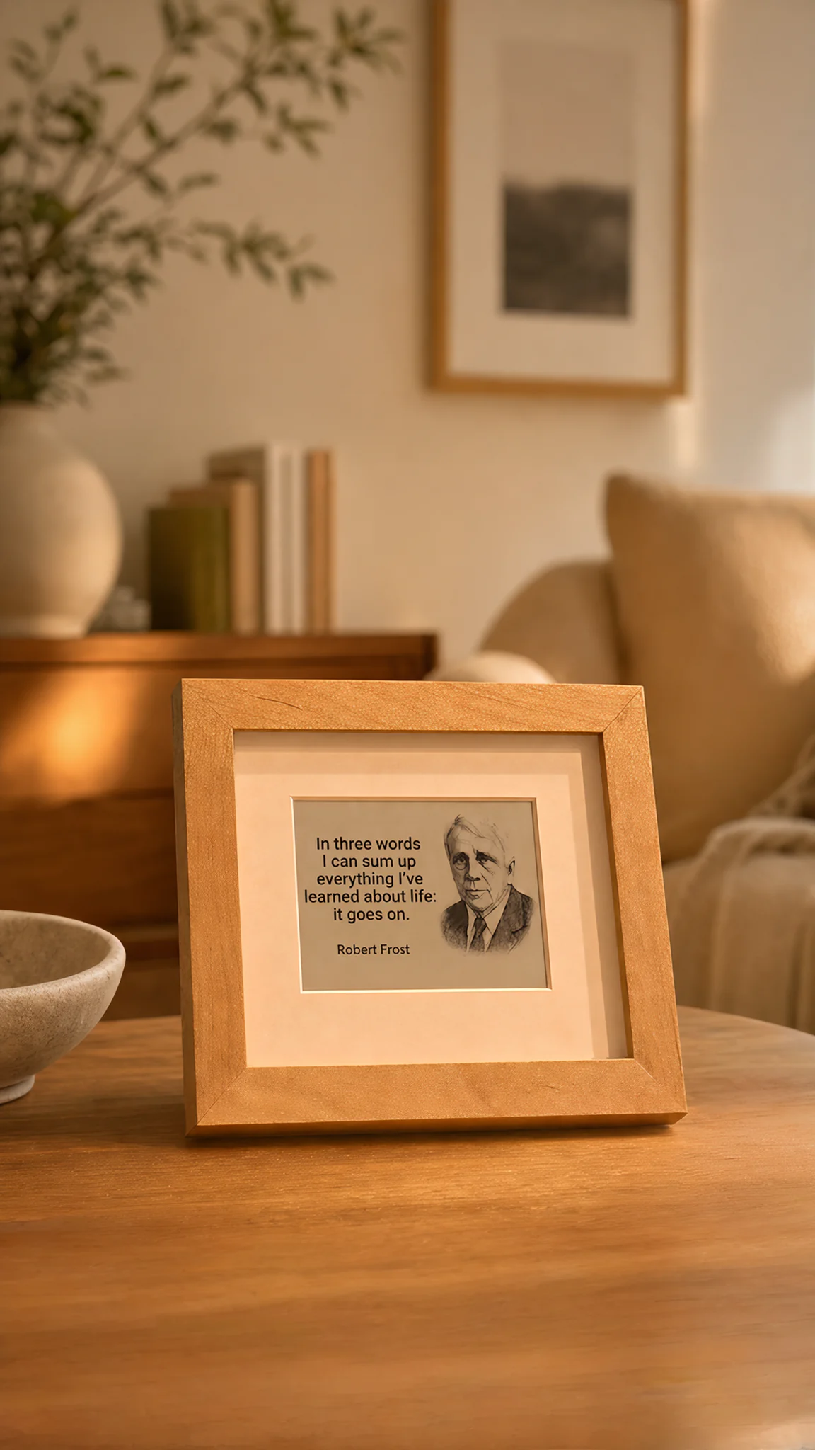 Mindrise oak frame on a living-room table, showing a quote beside a portrait of the thinker who wrote it