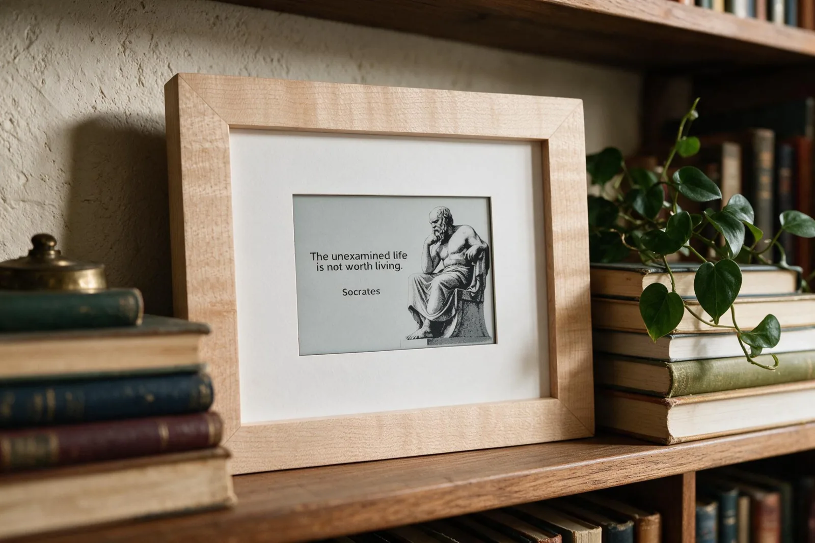 A Mindrise maple frame on a bookshelf between stacked books and a trailing plant, showing a Socrates quote beside a seated statue of him